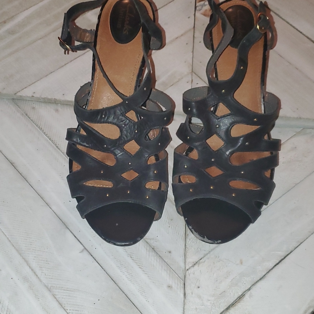 Clarks Artisan S. 9 Black Leather Tan Cork Wedge